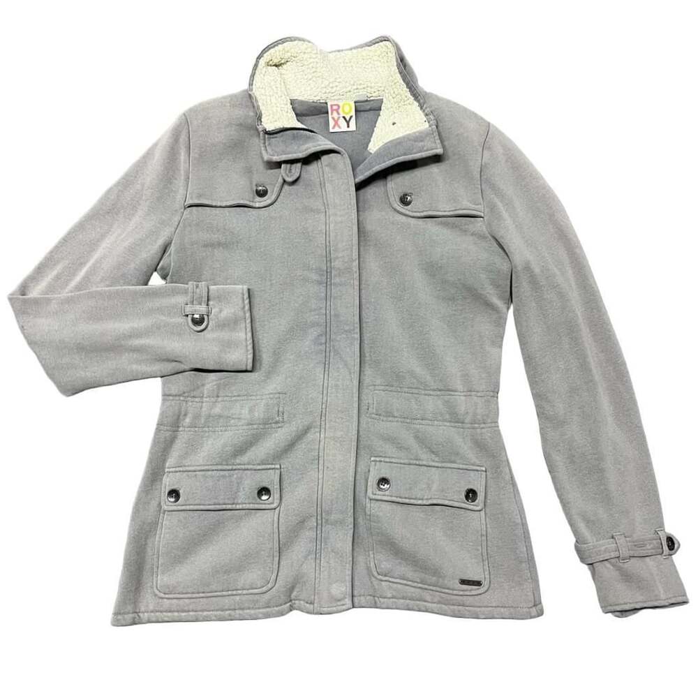 Roxy Fleece Jacket Gray Sherpa Lined Full Zip Utility Coat women’s Large